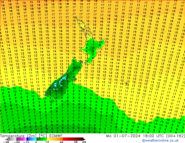 Temperature (2m) ECMWF Mo 01.07.2024 18 UTC