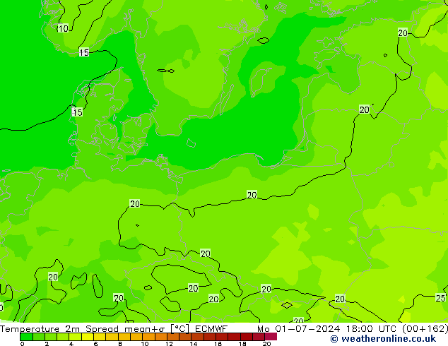 Temperature 2m Spread ECMWF Po 01.07.2024 18 UTC