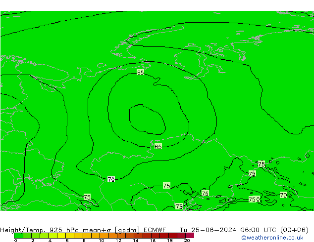 Height/Temp. 925 hPa ECMWF Tu 25.06.2024 06 UTC