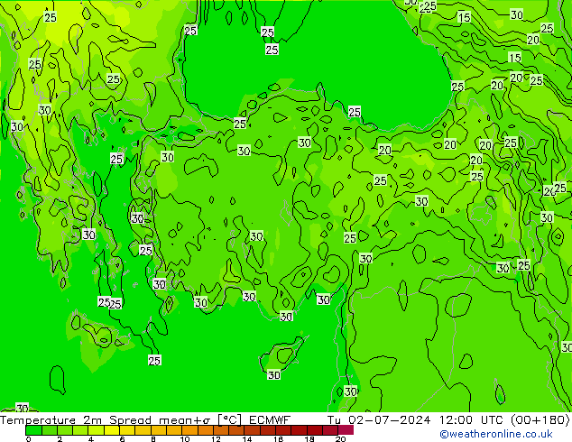 Temperature 2m Spread ECMWF Tu 02.07.2024 12 UTC