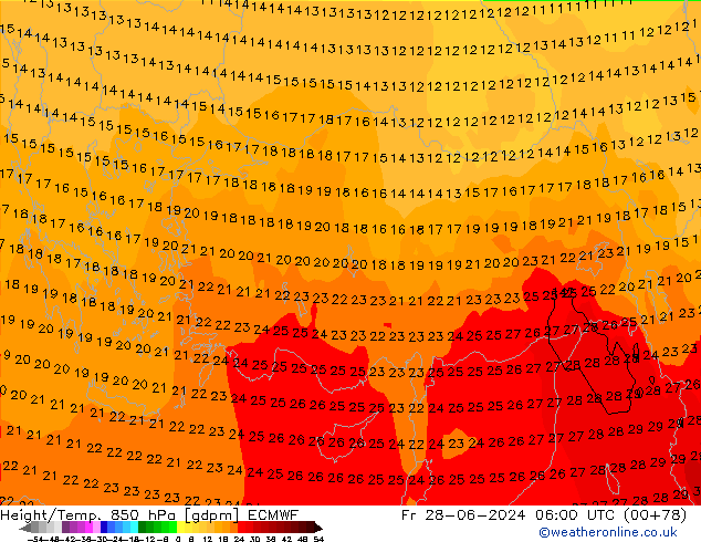 Géop./Temp. 850 hPa ECMWF ven 28.06.2024 06 UTC