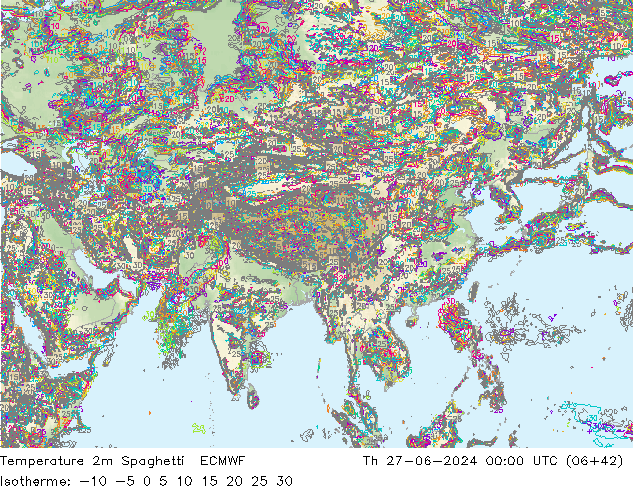 Temperature 2m Spaghetti ECMWF Th 27.06.2024 00 UTC