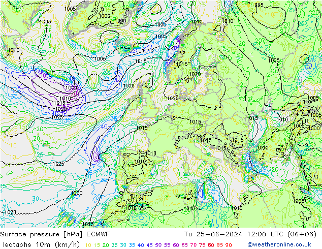 Isotachs (kph) ECMWF Tu 25.06.2024 12 UTC