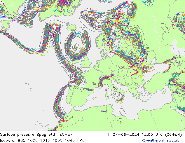 Pressione al suolo Spaghetti ECMWF gio 27.06.2024 12 UTC