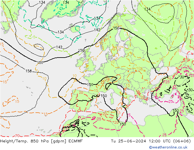Height/Temp. 850 гПа ECMWF вт 25.06.2024 12 UTC