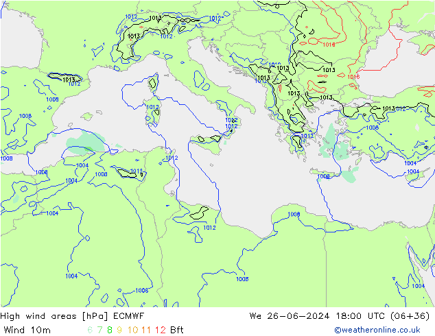 High wind areas ECMWF We 26.06.2024 18 UTC