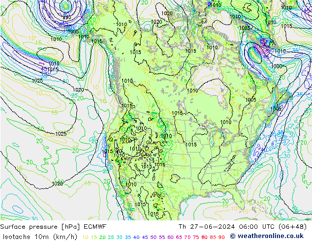 10米等风速线 (kph) ECMWF 星期四 27.06.2024 06 UTC