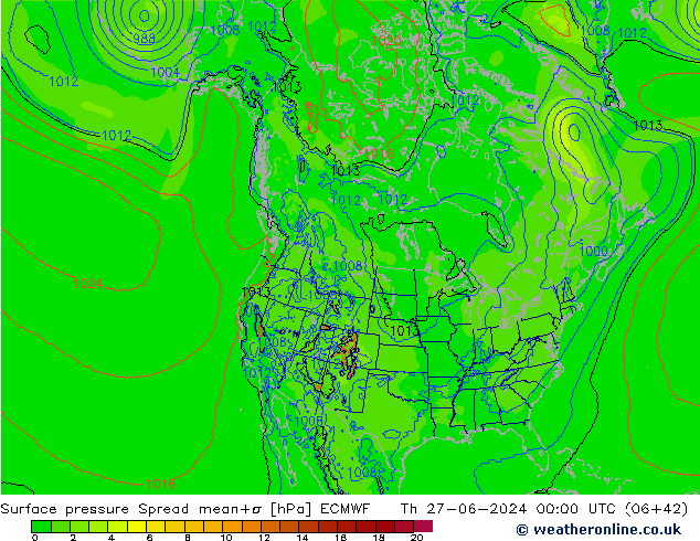 Surface pressure Spread ECMWF Th 27.06.2024 00 UTC