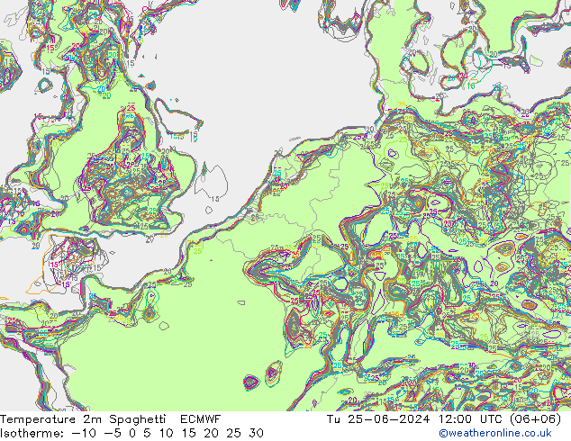 Temperature 2m Spaghetti ECMWF Tu 25.06.2024 12 UTC