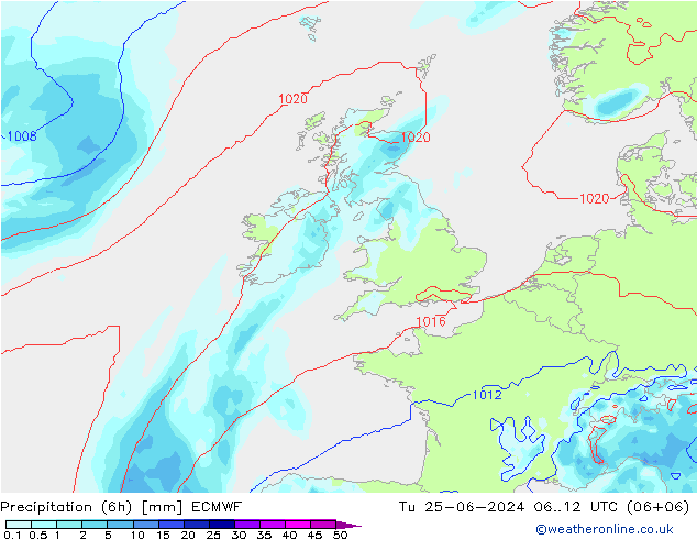 Precipitation (6h) ECMWF Tu 25.06.2024 12 UTC