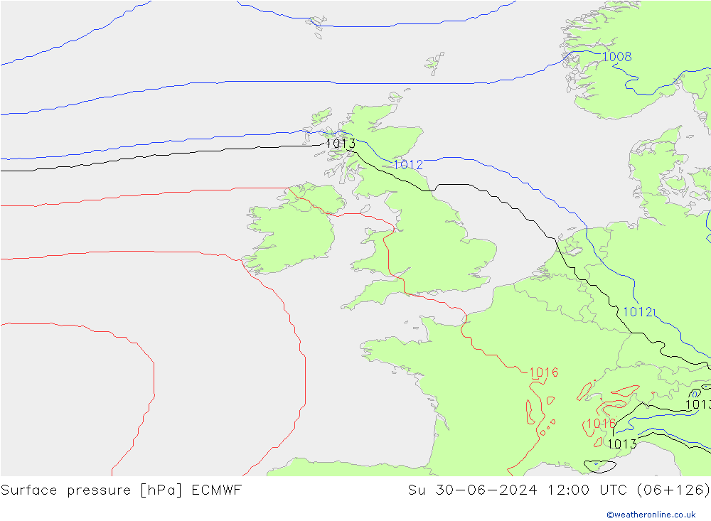 Atmosférický tlak ECMWF Ne 30.06.2024 12 UTC