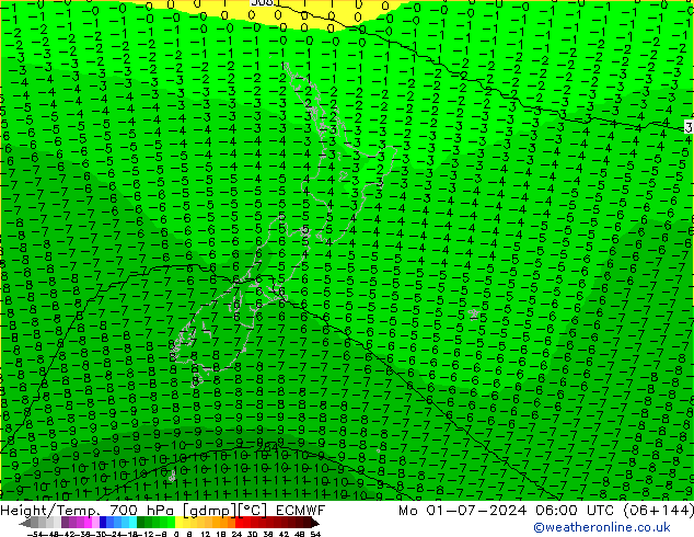 Height/Temp. 700 hPa ECMWF pon. 01.07.2024 06 UTC