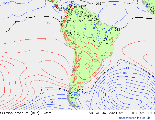 Presión superficial ECMWF dom 30.06.2024 06 UTC