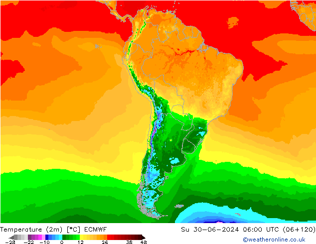 Temperature (2m) ECMWF Su 30.06.2024 06 UTC