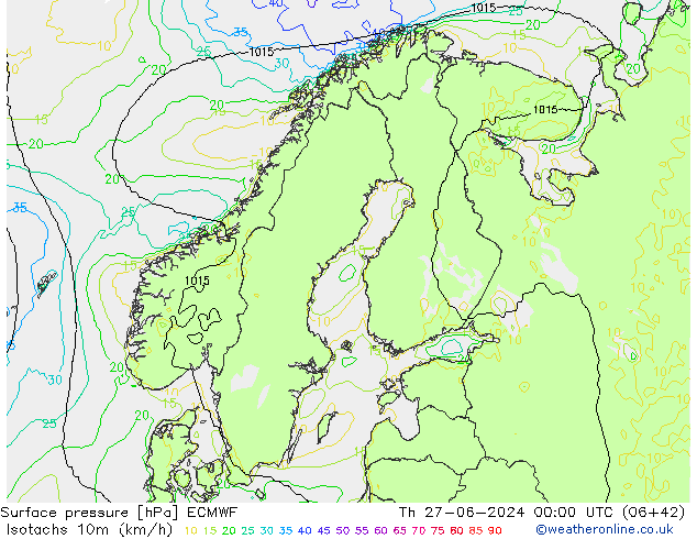 Isotachs (kph) ECMWF Th 27.06.2024 00 UTC