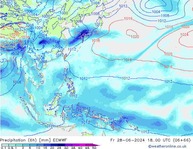 Precipitation (6h) ECMWF Pá 28.06.2024 00 UTC