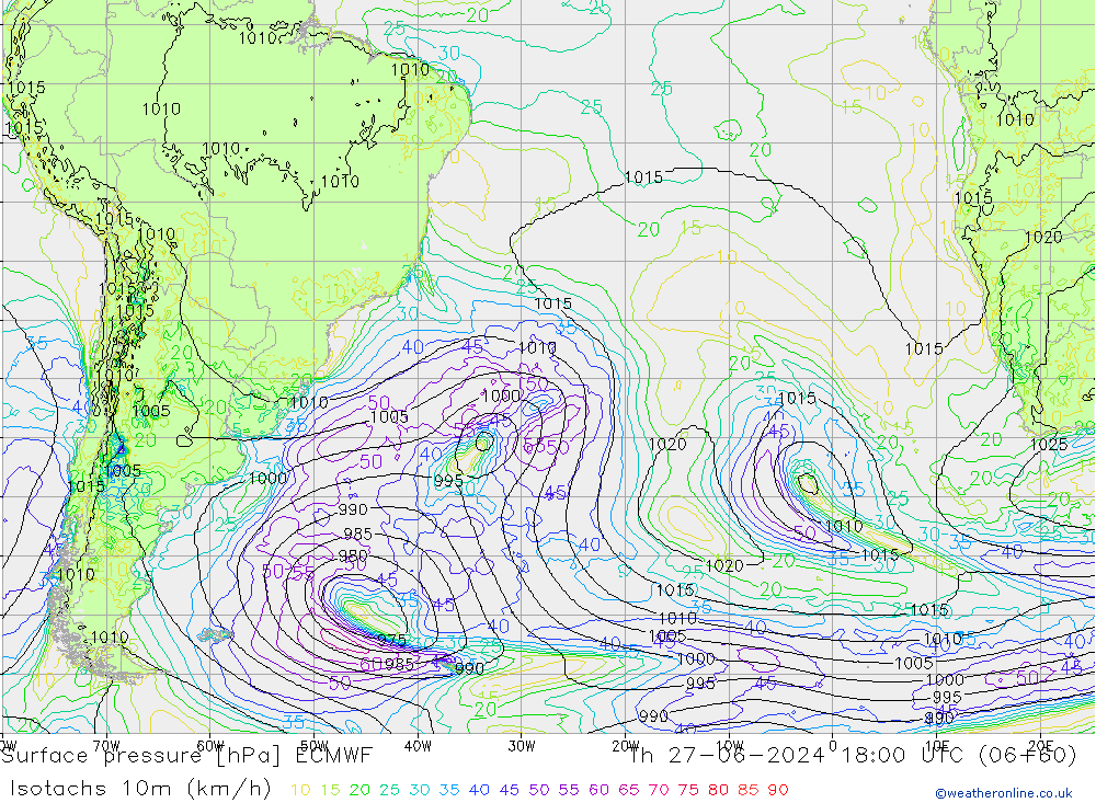 Isotachs (kph) ECMWF jeu 27.06.2024 18 UTC