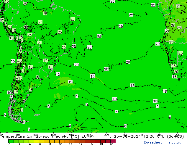 mapa temperatury 2m Spread ECMWF wto. 25.06.2024 12 UTC