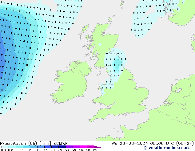 осадки (6h) ECMWF ср 26.06.2024 06 UTC