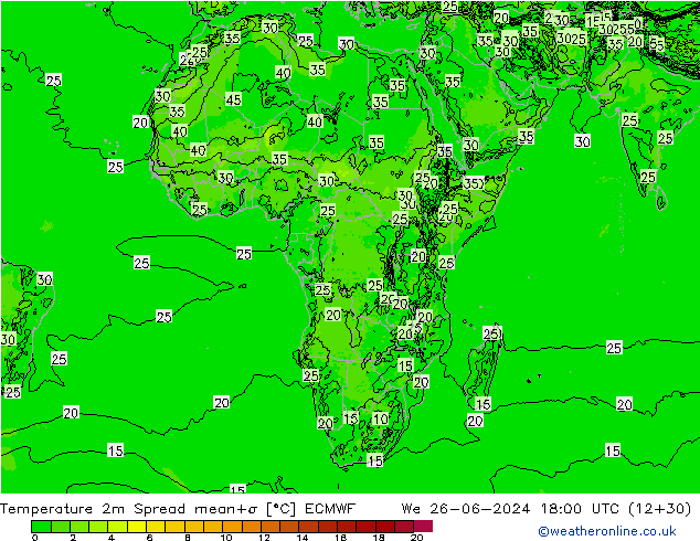 Temperatuurkaart Spread ECMWF wo 26.06.2024 18 UTC