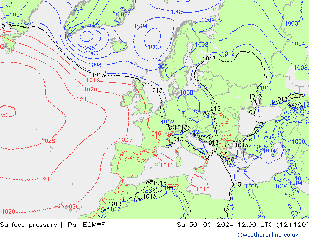 Pressione al suolo ECMWF dom 30.06.2024 12 UTC