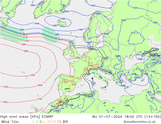 High wind areas ECMWF 星期一 01.07.2024 18 UTC