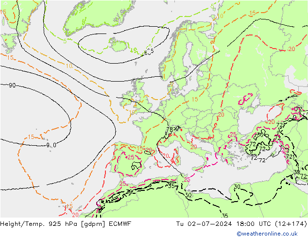 Hoogte/Temp. 925 hPa ECMWF di 02.07.2024 18 UTC