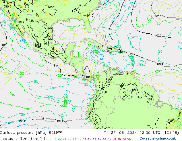 Isotachen (km/h) ECMWF do 27.06.2024 12 UTC