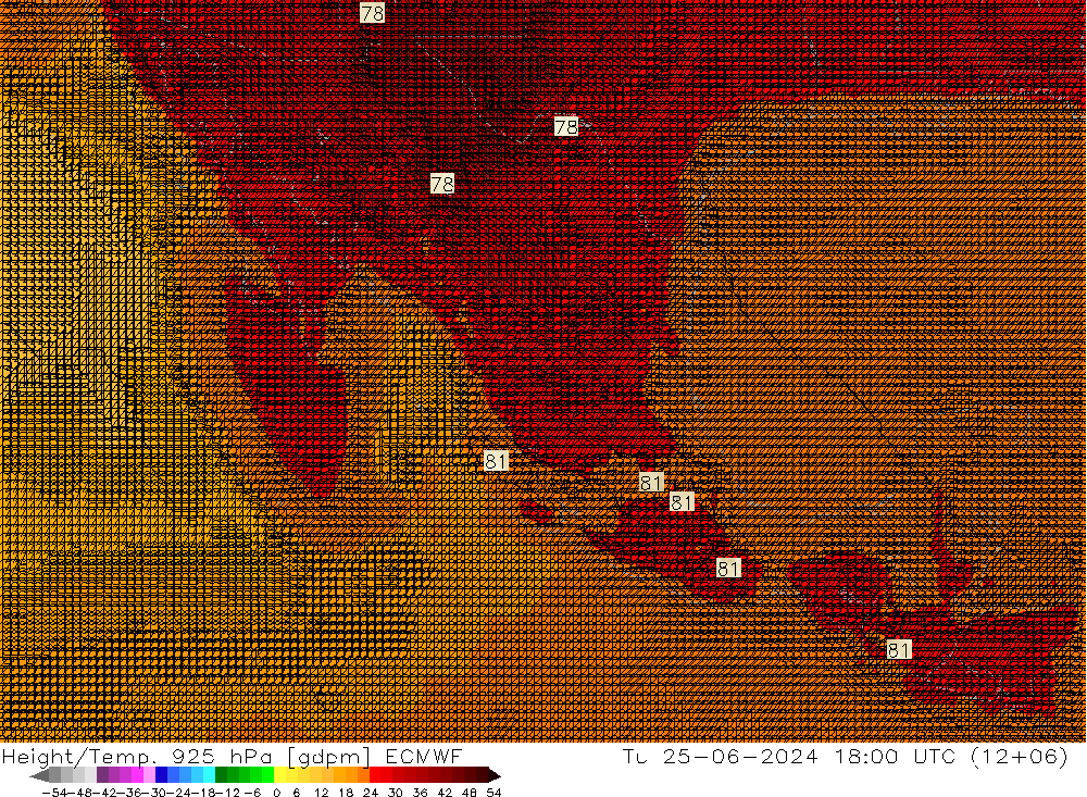 Hoogte/Temp. 925 hPa ECMWF di 25.06.2024 18 UTC
