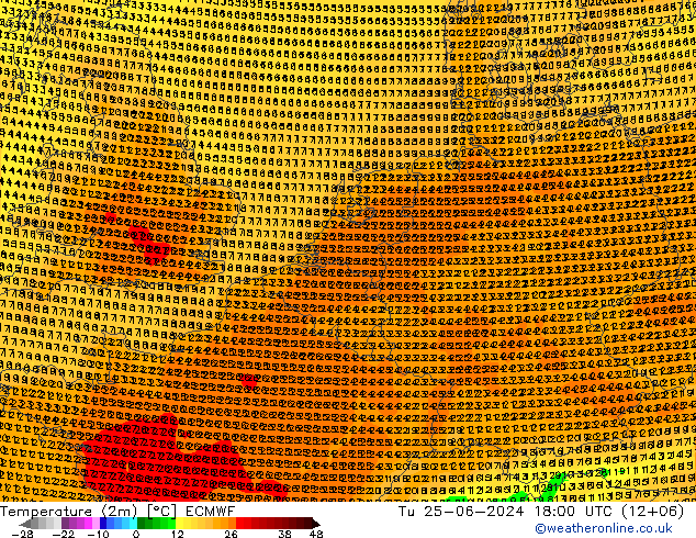 Temperatuurkaart (2m) ECMWF di 25.06.2024 18 UTC