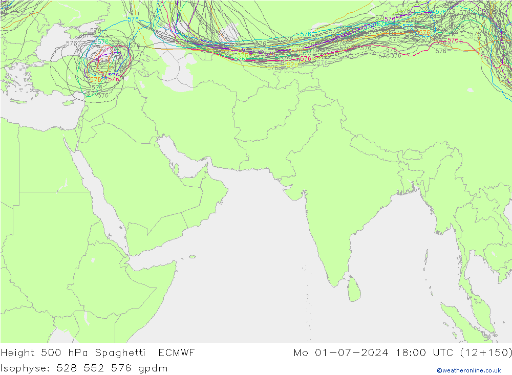 Hoogte 500 hPa Spaghetti ECMWF ma 01.07.2024 18 UTC