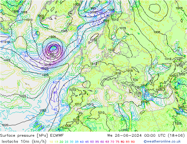 10米等风速线 (kph) ECMWF 星期三 26.06.2024 00 UTC