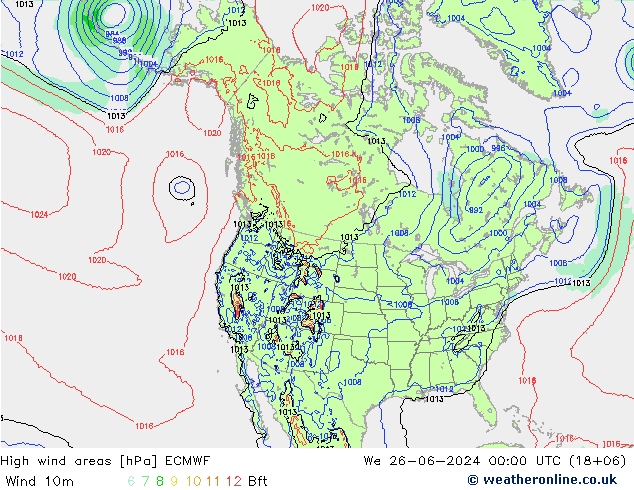 High wind areas ECMWF 星期三 26.06.2024 00 UTC