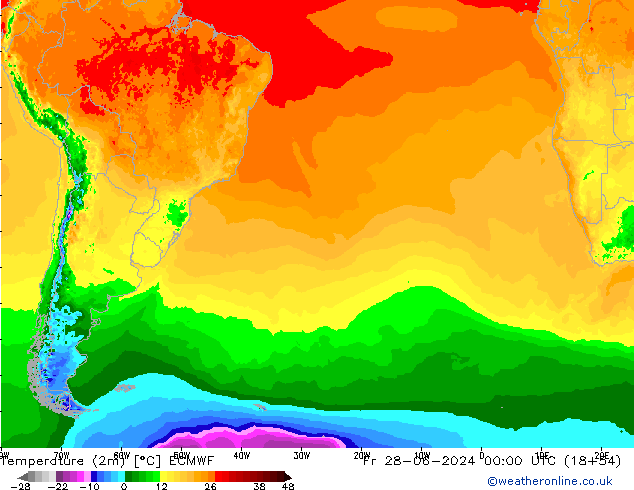 Temperatuurkaart (2m) ECMWF vr 28.06.2024 00 UTC