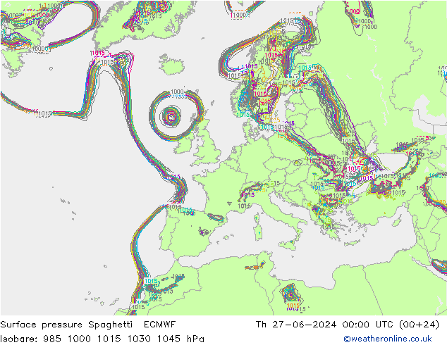 Pressione al suolo Spaghetti ECMWF gio 27.06.2024 00 UTC
