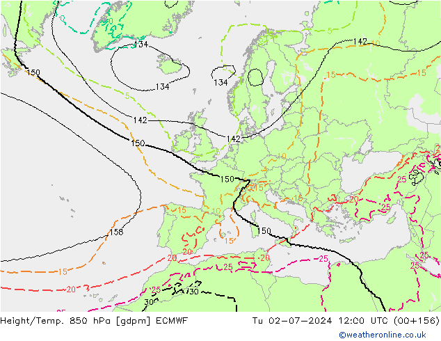 Hoogte/Temp. 850 hPa ECMWF di 02.07.2024 12 UTC