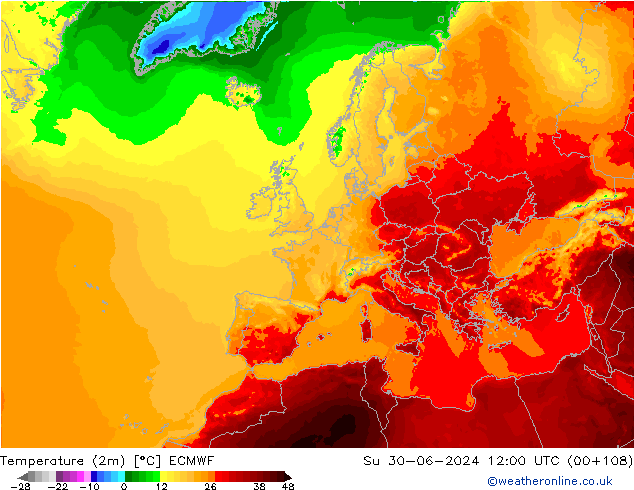Temperatuurkaart (2m) ECMWF zo 30.06.2024 12 UTC