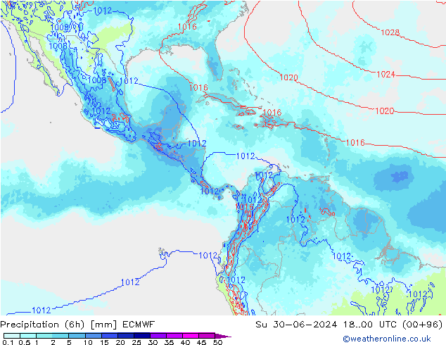 Totale neerslag (6h) ECMWF zo 30.06.2024 00 UTC