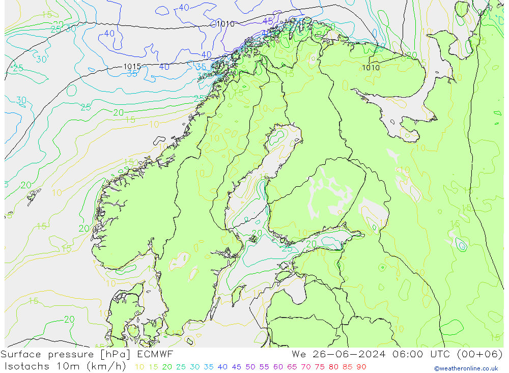 Isotachen (km/h) ECMWF wo 26.06.2024 06 UTC