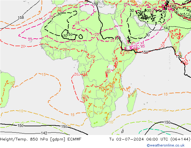Hoogte/Temp. 850 hPa ECMWF di 02.07.2024 06 UTC