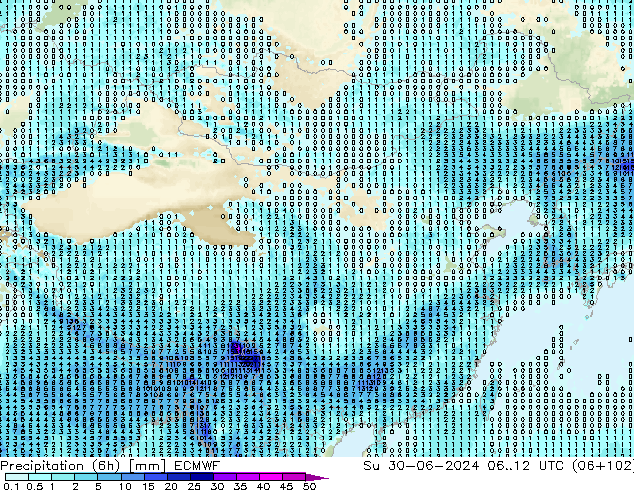 Totale neerslag (6h) ECMWF zo 30.06.2024 12 UTC