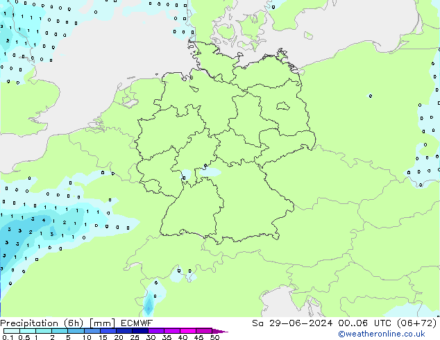 Totale neerslag (6h) ECMWF za 29.06.2024 06 UTC