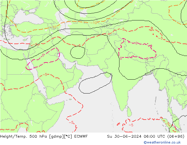 Hoogte/Temp. 500 hPa ECMWF zo 30.06.2024 06 UTC