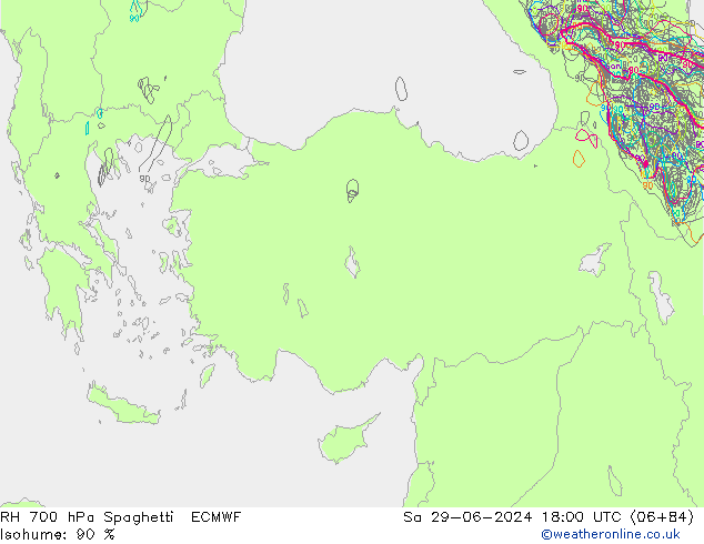 RH 700 hPa Spaghetti ECMWF Sa 29.06.2024 18 UTC