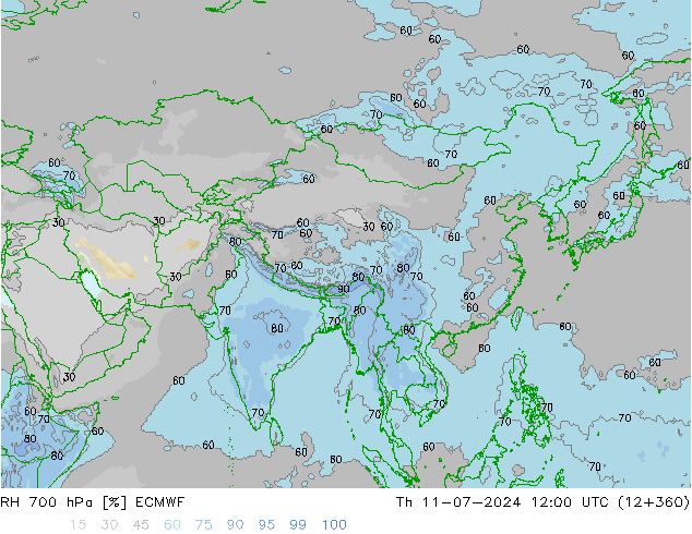 RH 700 hPa ECMWF Čt 11.07.2024 12 UTC