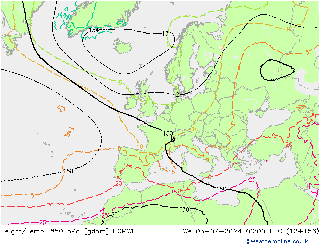 Hoogte/Temp. 850 hPa ECMWF wo 03.07.2024 00 UTC