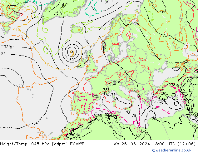 Hoogte/Temp. 925 hPa ECMWF wo 26.06.2024 18 UTC
