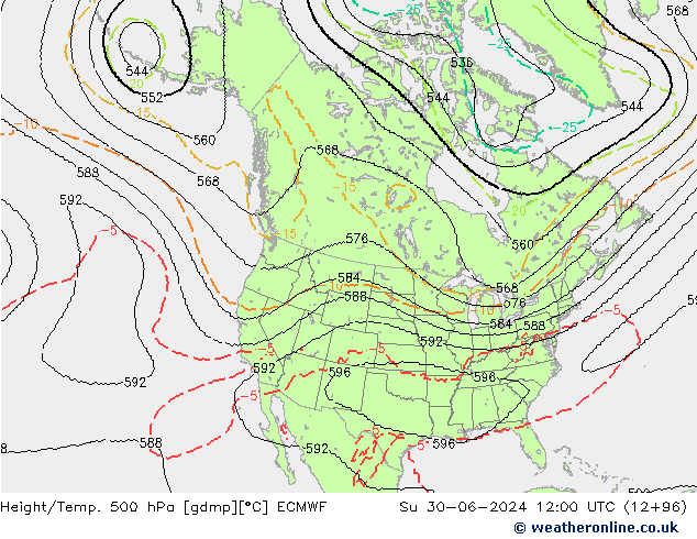 Hoogte/Temp. 500 hPa ECMWF zo 30.06.2024 12 UTC
