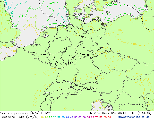 10米等风速线 (kph) ECMWF 星期四 27.06.2024 00 UTC