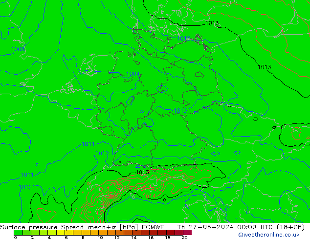 地面气压 Spread ECMWF 星期四 27.06.2024 00 UTC